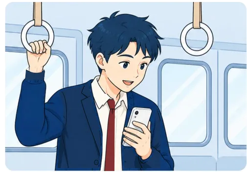電車の中でスマホで学習する男子生徒