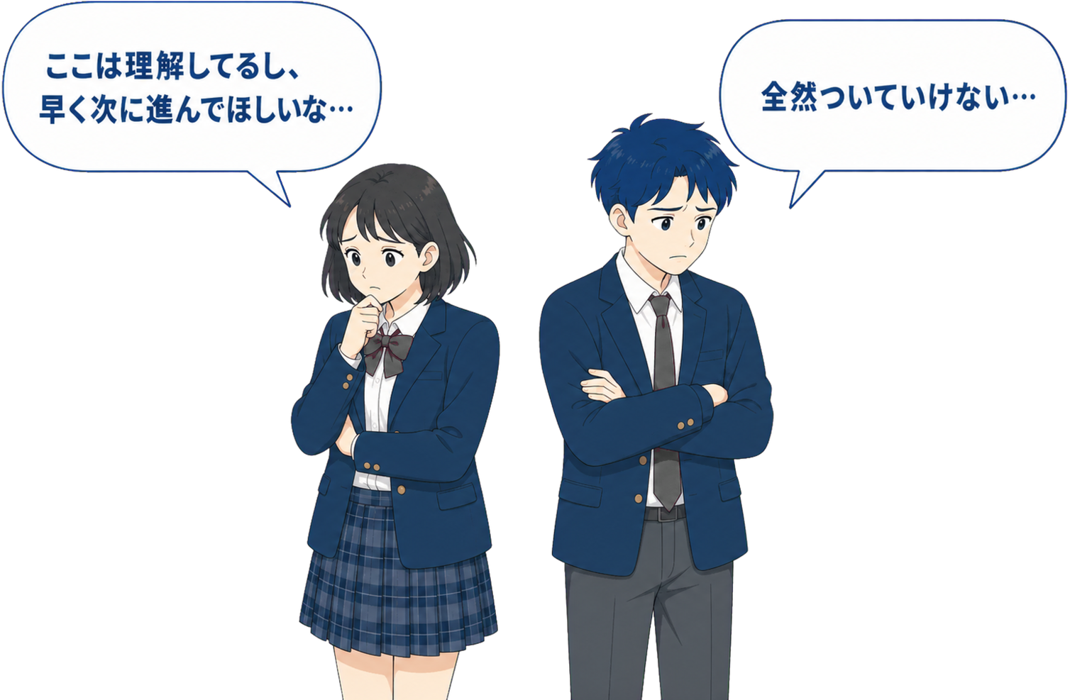 「ここは理解してるし、早く次に進んでほしいな…」と考え込む女子生徒と、「全然ついていけない…」と腕を組んで悩む男子生徒